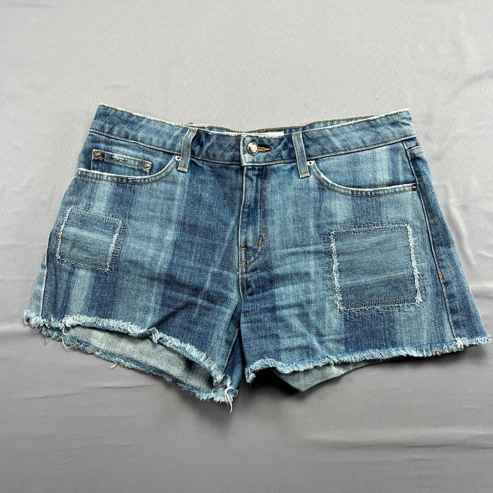 Derek Lam Girlfriend Shorts Women 29 Blue Denim Cotton Stretch Patchwork Raw Hem